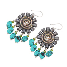 Load image into Gallery viewer, Handmade Recycled Paper and Glass Bead Chandelier Earrings - Floral Twirl