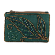 Load image into Gallery viewer, Pine Green Cotton and Silk Clutch with Leaf Motif Beading - Enchanting | NOVICA