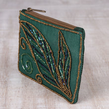 Load image into Gallery viewer, Pine Green Cotton and Silk Clutch with Leaf Motif Beading - Enchanting | NOVICA
