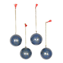 Load image into Gallery viewer, Papier Mache Ornaments in Blue and Gold (Set of 4) - Kashmir Cheer | NOVICA