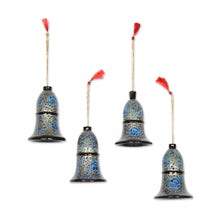 Load image into Gallery viewer, Papier Mache Bell Ornaments in Blue from India (Set of 4) - Blue Bloom | NOVICA