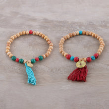 Load image into Gallery viewer, Wood and Bone Beaded Stretch Bracelets from India (Pair) - Happy Bohemian | NOVICA