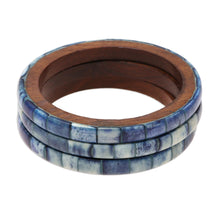 Load image into Gallery viewer, Blue Bone and Mango Wood Bangle Bracelets - Set of 3 - Blue Saga