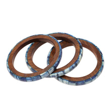 Load image into Gallery viewer, Blue Bone and Mango Wood Bangle Bracelets - Set of 3 - Blue Saga