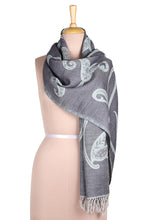 Load image into Gallery viewer, Reversible Leaf Motif Jamawar Wool Scarf in Grey-Blue - Subtle Garden in Grey-Blue | NOVICA