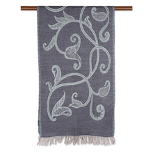 Load image into Gallery viewer, Reversible Leaf Motif Jamawar Wool Scarf in Grey-Blue - Subtle Garden in Grey-Blue | NOVICA