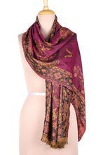Load image into Gallery viewer, Floral Motif Jamawar-Style Wool Scarf in Azalea from India - Azalea Garden | NOVICA