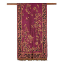 Load image into Gallery viewer, Floral Motif Jamawar-Style Wool Scarf in Azalea from India - Azalea Garden | NOVICA