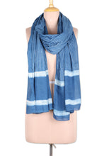 Load image into Gallery viewer, Blue and White Mud Resist Striped Block Print Cotton Shawl - Dabu Blue