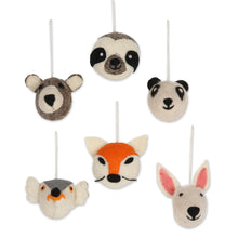 Load image into Gallery viewer, Hand Crafted Animal Face Wool Felt Ornaments - Set of 6 - Happy Animals