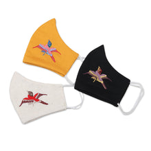 Load image into Gallery viewer, Black Ivory Yellow Bird Embroidered Face Masks Set of 3 - Flight of Fancy | NOVICA