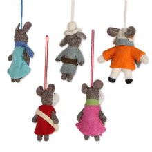 Load image into Gallery viewer, Set of 5 Wool Felt Rabbit Caroler Ornaments - Caroling Bunnies