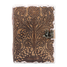 Load image into Gallery viewer, Embossed Cotton and Leather Peacock-Motif Journal - Peacock Glory