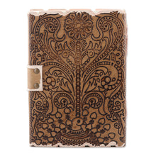 Load image into Gallery viewer, Embossed Cotton and Leather Peacock-Motif Journal - Peacock Glory