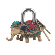 Load image into Gallery viewer, Artisan Crafted Brass Elephant Lock and Key Set - Festive Elephant