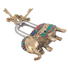 Load image into Gallery viewer, Artisan Crafted Brass Elephant Lock and Key Set - Festive Elephant