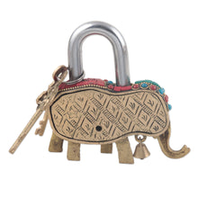 Load image into Gallery viewer, Artisan Crafted Brass Elephant Lock and Key Set - Festive Elephant