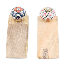 Load image into Gallery viewer, Pair of Wood Ceramic & Brass Door Stoppers Handmade in India - Heavenly Blossoms