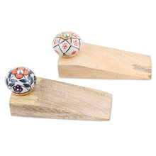 Load image into Gallery viewer, Pair of Wood Ceramic & Brass Door Stoppers Handmade in India - Heavenly Blossoms