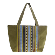 Load image into Gallery viewer, Green Striped Cotton Tote Bag Handwoven in Guatemala - Maya Meadows | NOVICA