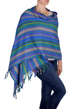 Load image into Gallery viewer, Hand Woven Cotton Shawl in Blues and Lilacs - Valley of Lavender | NOVICA