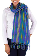 Load image into Gallery viewer, Hand Woven Cotton Scarf in Blues and Lilacs from Guatemala - Valley of Lavender | NOVICA