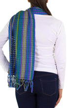 Load image into Gallery viewer, Hand Woven Cotton Scarf in Blues and Lilacs from Guatemala - Valley of Lavender | NOVICA