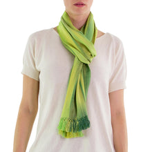 Load image into Gallery viewer, Light and Dark Green Hand Woven Rayon Scarf - Iridescent Green Pastels | NOVICA