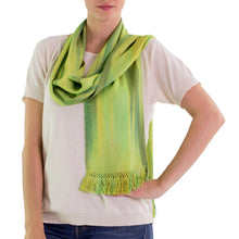 Load image into Gallery viewer, Light and Dark Green Hand Woven Rayon Scarf - Iridescent Green Pastels | NOVICA