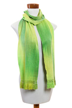 Load image into Gallery viewer, Light and Dark Green Hand Woven Rayon Scarf - Iridescent Green Pastels | NOVICA
