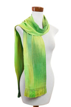 Load image into Gallery viewer, Light and Dark Green Hand Woven Rayon Scarf - Iridescent Green Pastels | NOVICA