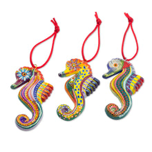 Load image into Gallery viewer, Set of 6 Ceramic Seahorse Ornaments Handmade in Guatemala - Seahorse Squadron | NOVICA