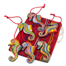 Load image into Gallery viewer, Set of 6 Ceramic Seahorse Ornaments Handmade in Guatemala - Seahorse Squadron | NOVICA