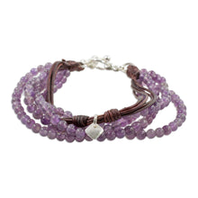 Load image into Gallery viewer, Amethyst Leather and Fine Silver Beaded Wristband Bracelet - Feminine Sweetness | NOVICA