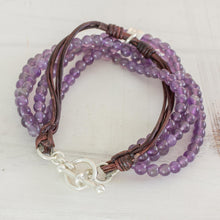Load image into Gallery viewer, Amethyst Leather and Fine Silver Beaded Wristband Bracelet - Feminine Sweetness | NOVICA