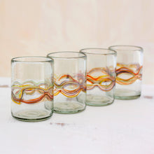 Load image into Gallery viewer, Hand Blown Recycled Juice Glasses (Set of 4) from Guatemala - Orange Reefs | NOVICA