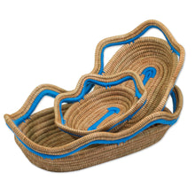 Load image into Gallery viewer, Set of 3 Handwoven Blue Accent Pine Needle Baskets - Wavy Ocean | NOVICA