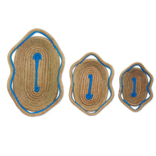 Load image into Gallery viewer, Set of 3 Handwoven Blue Accent Pine Needle Baskets - Wavy Ocean | NOVICA