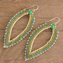 Load image into Gallery viewer, Green and Ivory Leaf-Shaped Beaded Dangle Earrings - River Leaf | NOVICA