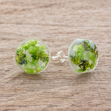 Load image into Gallery viewer, Green Flower in Clear Resin Button Earrings from Costa Rica - Eternal Bouquet in Green | NOVICA