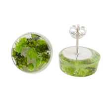Load image into Gallery viewer, Green Flower in Clear Resin Button Earrings from Costa Rica - Eternal Bouquet in Green | NOVICA