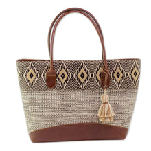 Load image into Gallery viewer, Natural Cotton and Black Diamond Motif Leather Accent Tote - Mayan Chic | NOVICA
