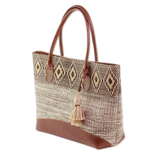 Load image into Gallery viewer, Natural Cotton and Black Diamond Motif Leather Accent Tote - Mayan Chic | NOVICA