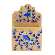 Load image into Gallery viewer, Blue Purple Bird and Flowers Pinewood Letter and Key Holder - Cheery Birds in Blue | NOVICA