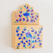 Load image into Gallery viewer, Blue Purple Bird and Flowers Pinewood Letter and Key Holder - Cheery Birds in Blue | NOVICA