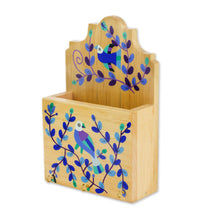 Load image into Gallery viewer, Blue Purple Bird and Flowers Pinewood Letter and Key Holder - Cheery Birds in Blue | NOVICA
