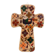 Load image into Gallery viewer, Bird and Floral Motif Pinewood Wall Cross in Brown - Nature of Love | NOVICA