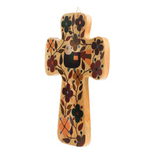 Load image into Gallery viewer, Bird and Floral Motif Pinewood Wall Cross in Brown - Nature of Love | NOVICA