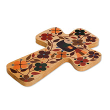 Load image into Gallery viewer, Bird and Floral Motif Pinewood Wall Cross in Brown - Nature of Love | NOVICA
