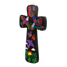 Load image into Gallery viewer, Pinewood Wall Cross with Neon Bird Motifs from El Salvador - Neon Nature | NOVICA